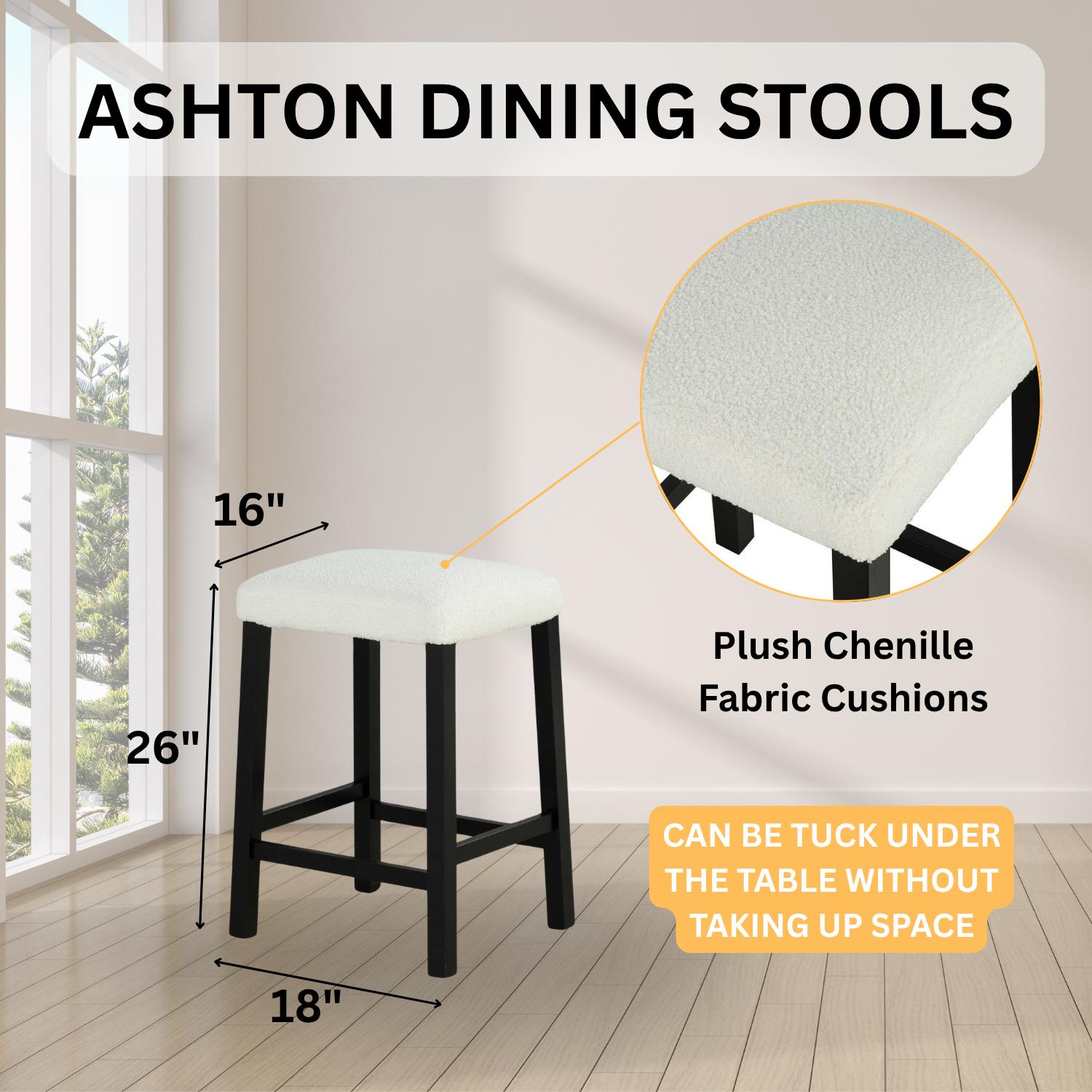Ashton 3-Piece Counter-Height Dining Set with Faux Marble Top & USB Charging Ports, Plush Chenille Fabric Cushions & Side Storage Shelves Ashton 3-Piece Counter-Height Dining Set with Faux Marble Top & USB Charging Ports, Plush Chenille Fabric Cushions & Side Storage Shelves