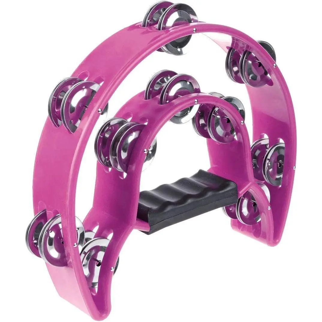 Pink Half Moon Tambourine - 40 Double Row Metal Jingles, Durable Plastic Body, Ergonomic Grip, Crisp Percussive Rhythm, Simple for Beginners, Recreation, Improvisation, Rhythm Freedom, Indoor Leisure Percussion Instrument