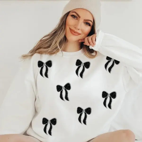 Hand-Placed Crystal & Rhinestones Bow Appliqué Sweatshirt - Unique Fashion Statement Crystals and Pearls Bows sweatshirt
