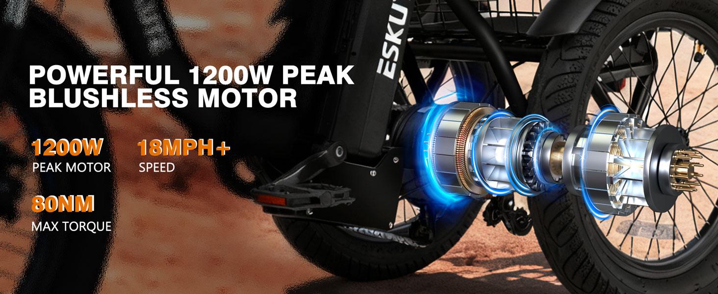 ESKUTE T300 Foldable Electric Trike for Adults & Seniors | Safe & Stable 3-Wheel Ebike w/ 1200W Peak Motor | 18"x3.0 Fat Tires, 55 Miles Long Range, Step-Thru Design | Butterfly Handlebars for Comfort | Front & Rear Baskets for Cargo & Groceries