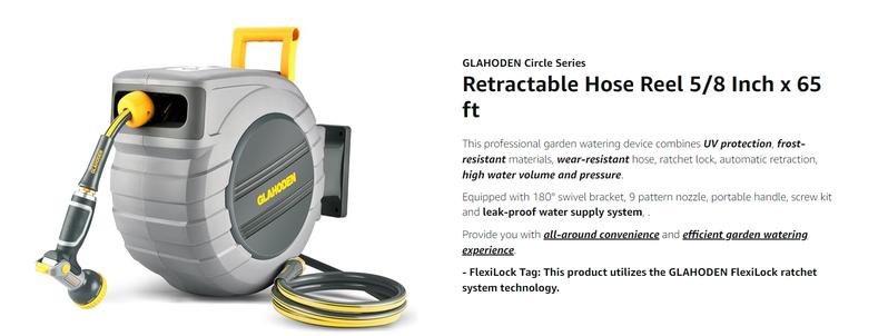 GLAHODEN Upgraded Retractable Garden Hose Reel 1/2 Inch x 65 ft Wall Mounted with 9 Patterns Nozzle & 180° Swivel Bracket Automatic Watering Devices