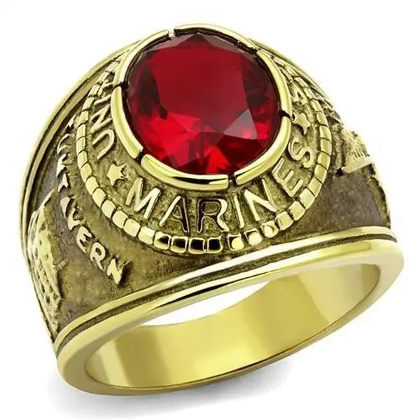 Men's Gold IP Stainless Steel Wide Band US Marine Ruby CZ Ring, Ruby Gemstone