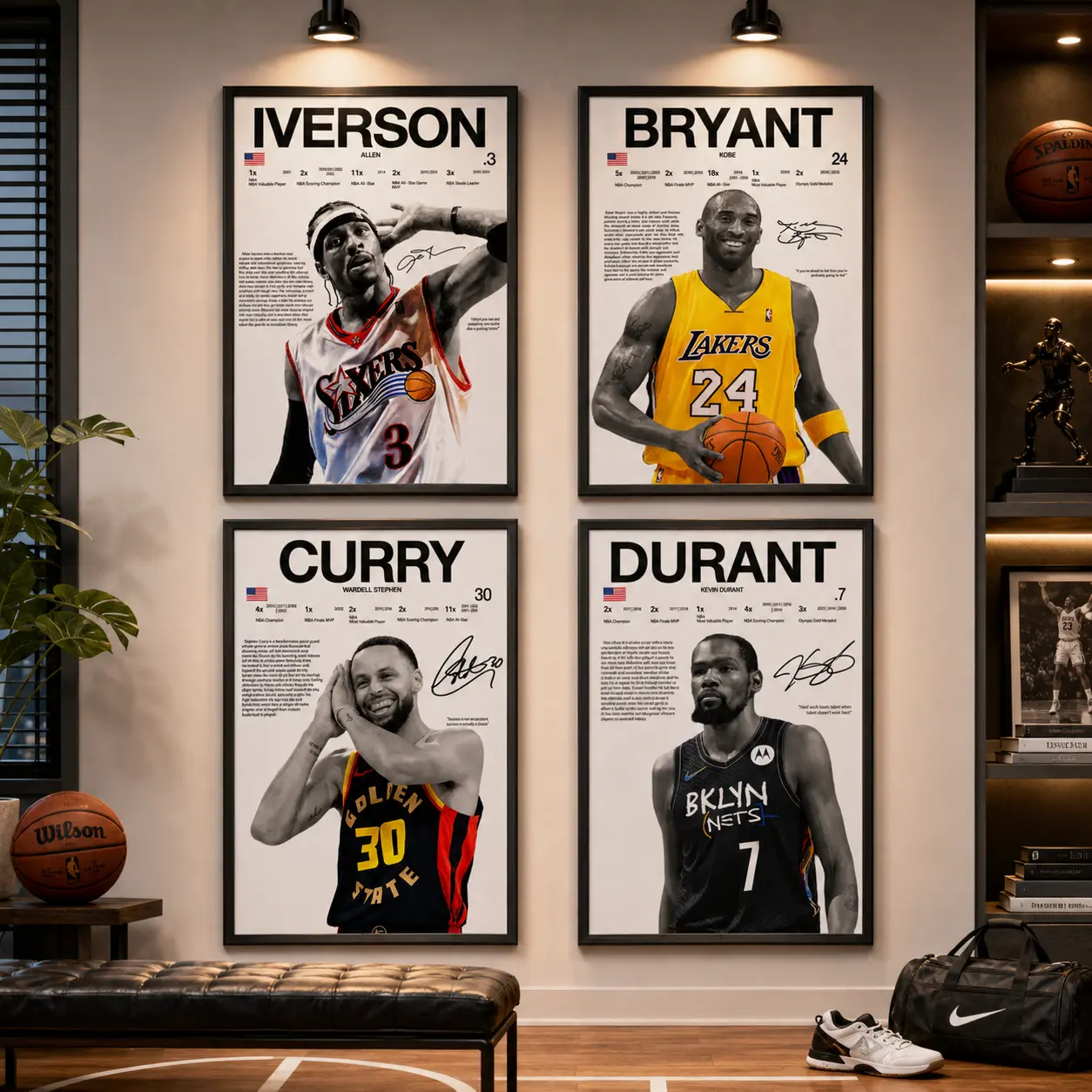 Basketball Star Player Portraits Posters - Iverson, Kobe, LeBron, KD, Curry Themed Art, Vivid Prints, Creative Vibrant Design, Home Decor Wall Art for Room Supplies