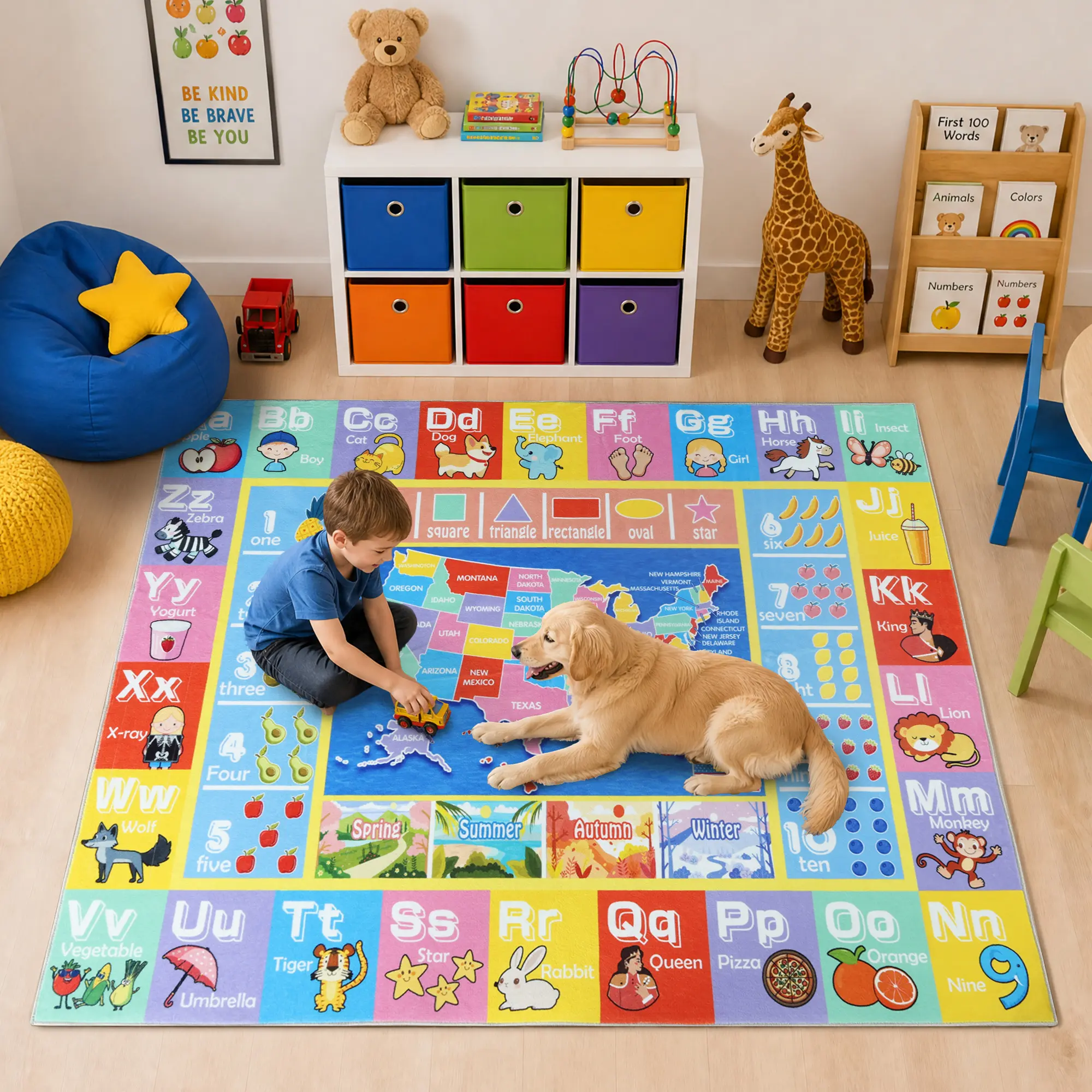 【Back to School】 【Summer  Sale Deals】Playroom Rugs - ABC Alphabet, Numbers, Shapes and Map Educational Classroom Rug Learning & Fun Game Play Mat