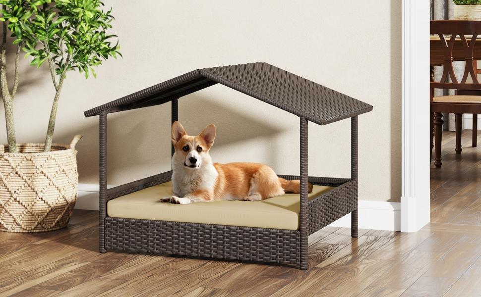 Yaheetech Rattan Dog House, Outdoor Elevated Dog/Cat/Rabbit Bed with Canopy and Foam Cushion, Raised Pet House for Indoor and Outdoor