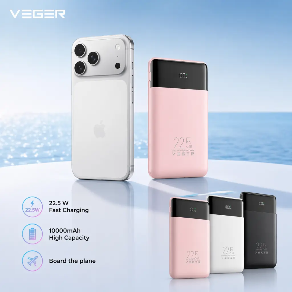 VEGER 22.5W Fast Charging Portable Charger, Slim 10000mAh Power Bank with Built-in Cables, Small USB C Battery Pack for iPhone iPad Samsung Galaxy Pixel LG Moto, Flight Safe, Travel Essential, Black