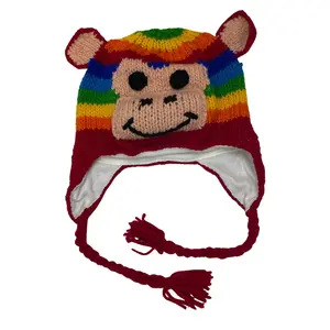 Rainbow Monkey Beanie Hat for Everyone - 100% Wool Knitted Hat with Fleece Lining - Stretchy Fit Heads up to  23 inches