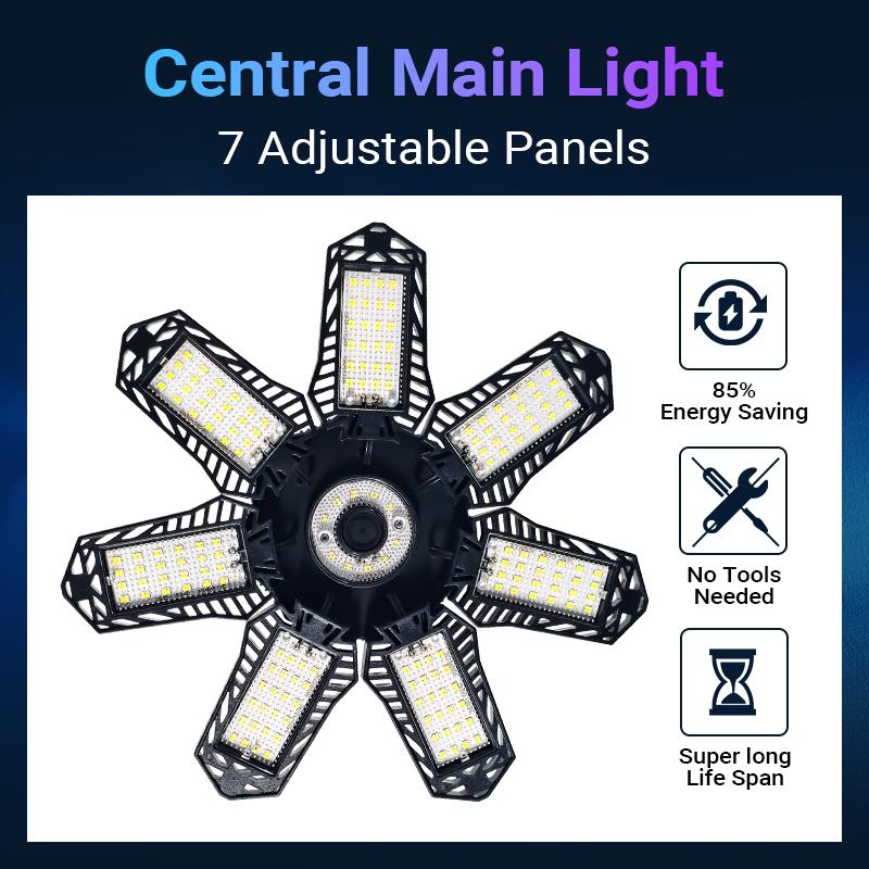 Qawtor FOLDABLE GARAGE LIGHT Deformable Bright Shop Ceiling Bulb Lamps E26/E27 Barn Warehouse Garage Foldable 7+1 Panel Work Light Super Bright Illumination Easy Installation , Summervibes, Fathersdaygift