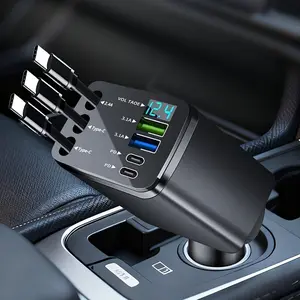 Fast Retractable Car Charger with 2 Usb Type-C Cables - Universal Plug, Nobattery Needed, 13.8V Output, Car Charging Solution|Compact Chargerretractablecable, Car Charger Adapter with 3 Retractable Cords