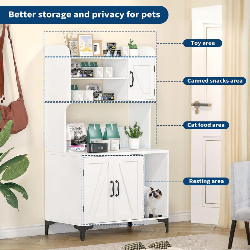 【GARVEE】Cat Litter Box Furniture,Hidden Cat Box Enclosure with Shelf Storage, Wood Sturdy Cat Washroom Storage, Indoor Cat House Furniture - White