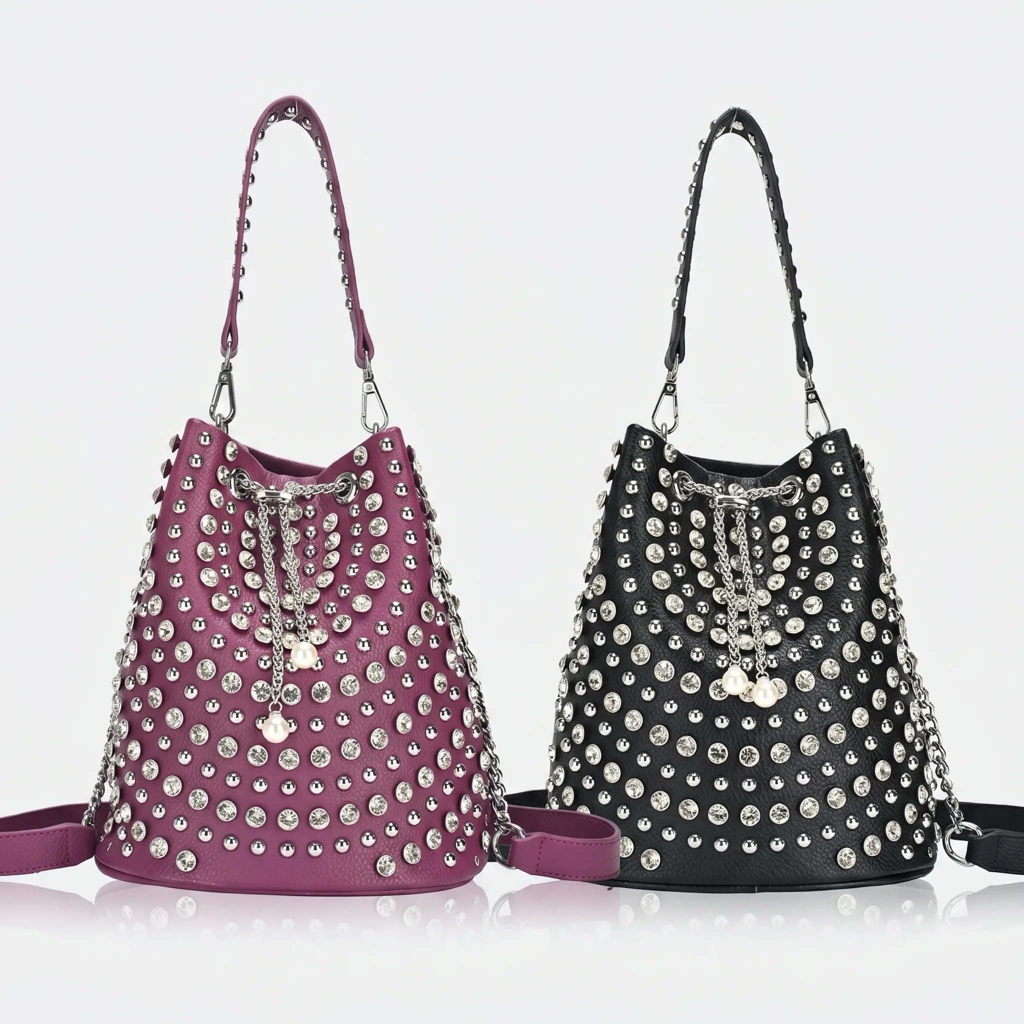 Full Rhinestone Studded Bucket Bag – Litchi Grain Leather Drawstring Purse with Pearl Charm & Chain Strap, Edgy Punk Crossbody Handbag for Women, It's Giving Main Character Energy Single, Crossbody Fashion Bag, Embellished Shoulder Bag