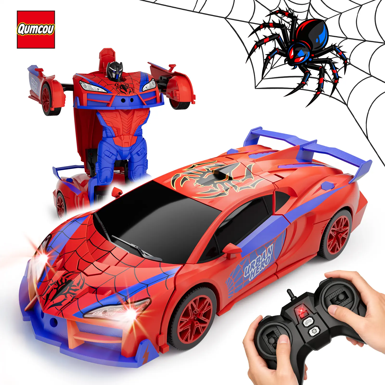 Qumcou 1:16 Scale Automatic Transform RC Car - 2.4GHz Long-Range Signal, 1-Button Transform, 360° Spin, Red & Blue Lights, Superhero Design, ABS Body, Includes Joystick, RC Controlled Indoor Toy for 4-6 Years Boys, 6 Months Holiday Gift