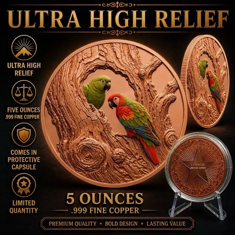 Ultra High Relief 5 oz Copper Round Parrot Design!