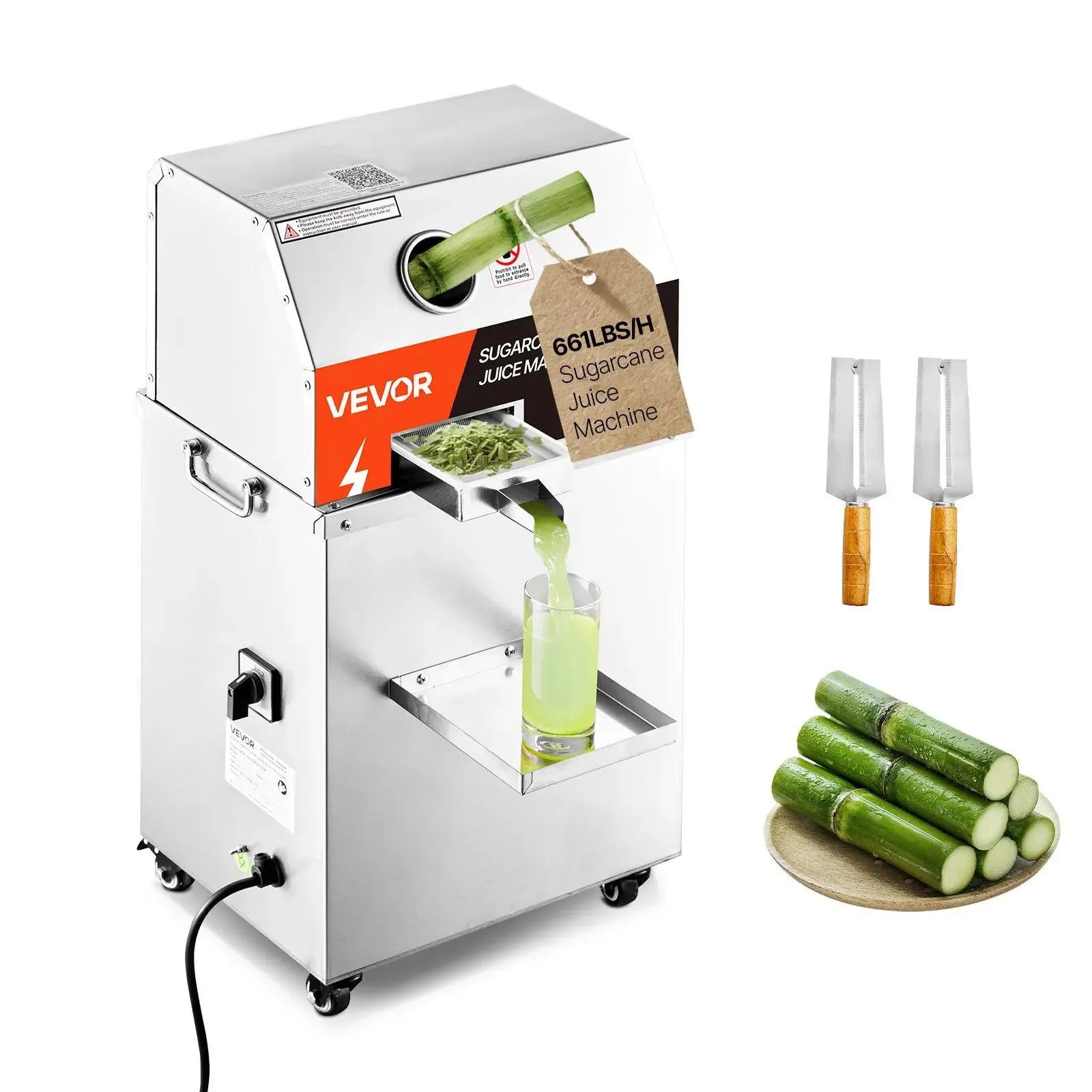 VEVOR Commercial Sugar Cane Juicer, 800W Motor Powerful Juicer Machine, 661LBS/H High Output, 3 SS304 Stainless Steel Rollers, Filter Screen, Wheeled Sugar Cane Press Extractor for Home&Commer.