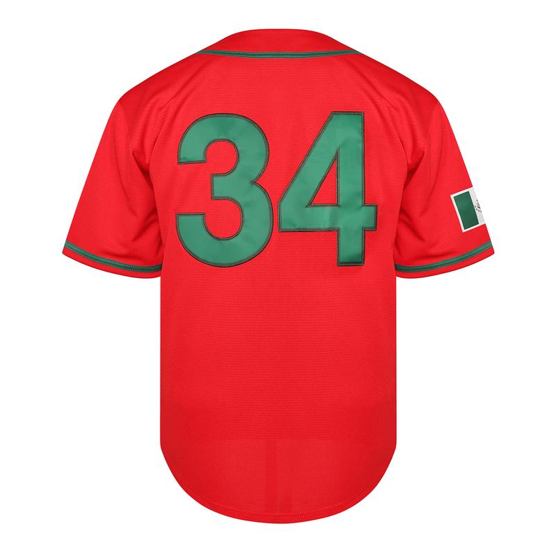 Mexico #34 Red Green Stitched Baseball Jersey Button Up Shirt with Mexican Flag Patch Embroidered Letters Classic Fan Apparel for Men Women