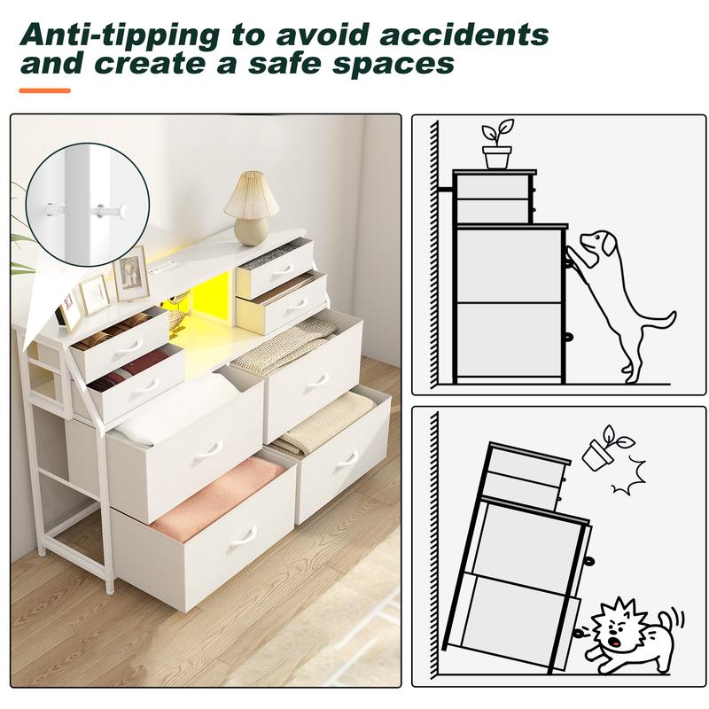 【Vanity sideboard】Raybee 8 Drawers Mini Dresser for Bedroom,Dorm & Attic's Dresser with Built-In Charging Station and LED, Sturdy Chest of Drawers with Two Open Shelves for Storage,Hides all your clutter to keep you organized & your vibe on point