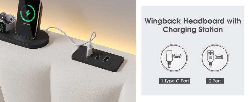 Raybee Full/ Queen/King Size Bed Frame with 51" Velvet Upholstered Headboard, up to 900 LBS ,Platform Bedframe with Charging Station and LED Lights, Wingback Headboard, No Box Spring Needed, Noise-Free[Black Friday]