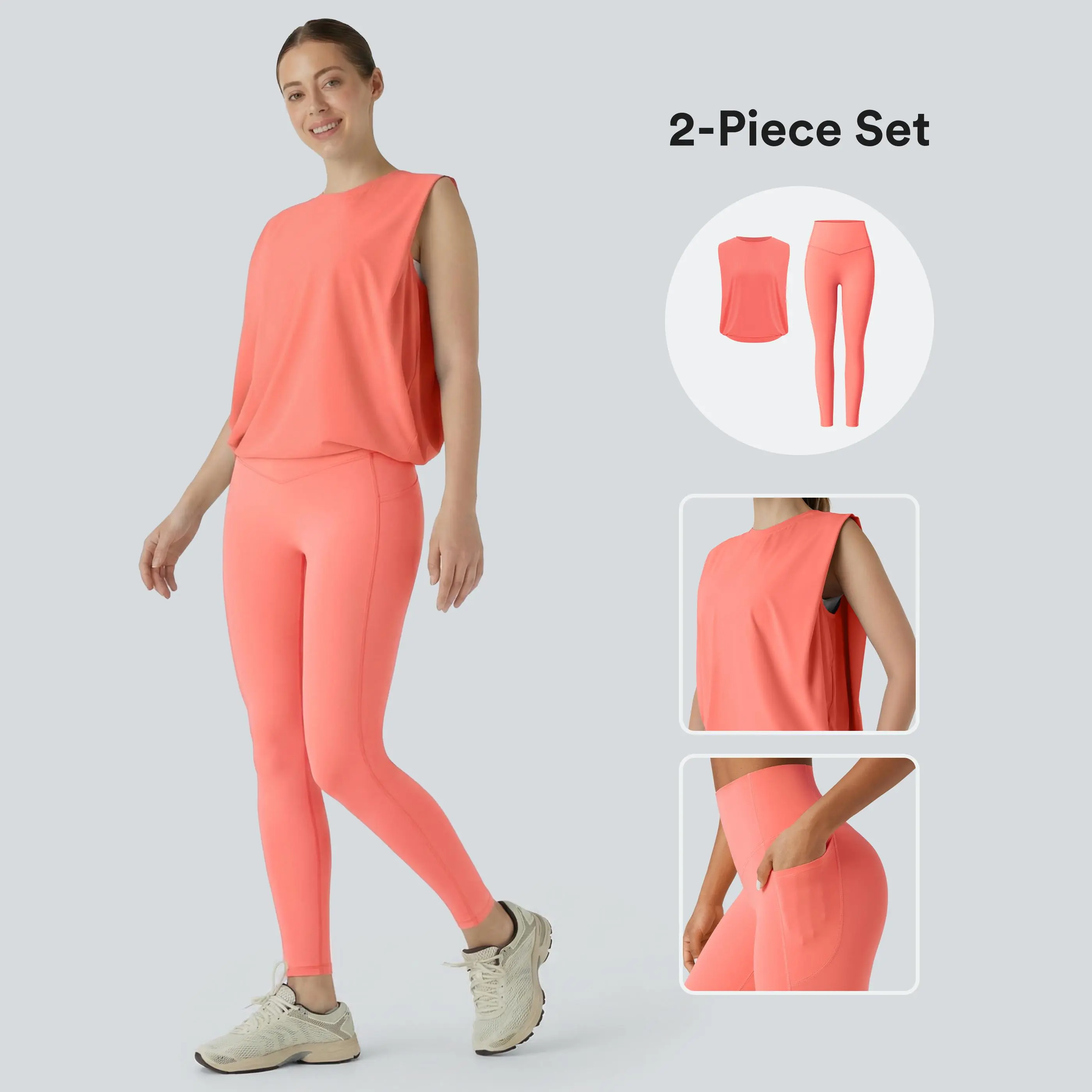 Halara Women's 2-Piece Yoga & Gym Sportswear Set - Round Neck Ruched InstantCool Breathable Spandex Tank Top, UPF50+ High Waisted Curvy-Hugging Tummy Control Pocket Leggings, Breathable Women's Sportswear Set, Curvy-Hugging Fabric