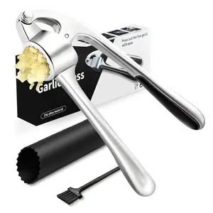 Stainless Steel Garlic Press, Manual Garlic Press with Handle, Durable Garlic Crusher Set with Peeler & Brush, Kitchen Accessories, Durable Ginger Press for Kitchen, Rust-Proof & Dishwasher Safe, Household Essentials