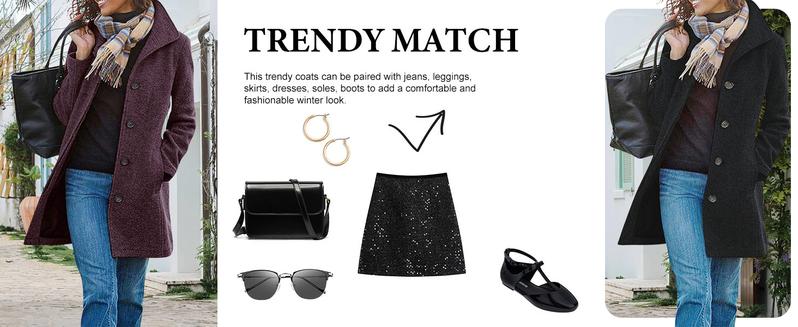 Utcoco Women's Thickened Single-Breasted Wool Pea Coat | Casual Mid-Length Stand Collar Jacket with Pockets | Oversized Denim Boyfriend Jacket & Pilot Jacket | Fall Winter New Arrivals