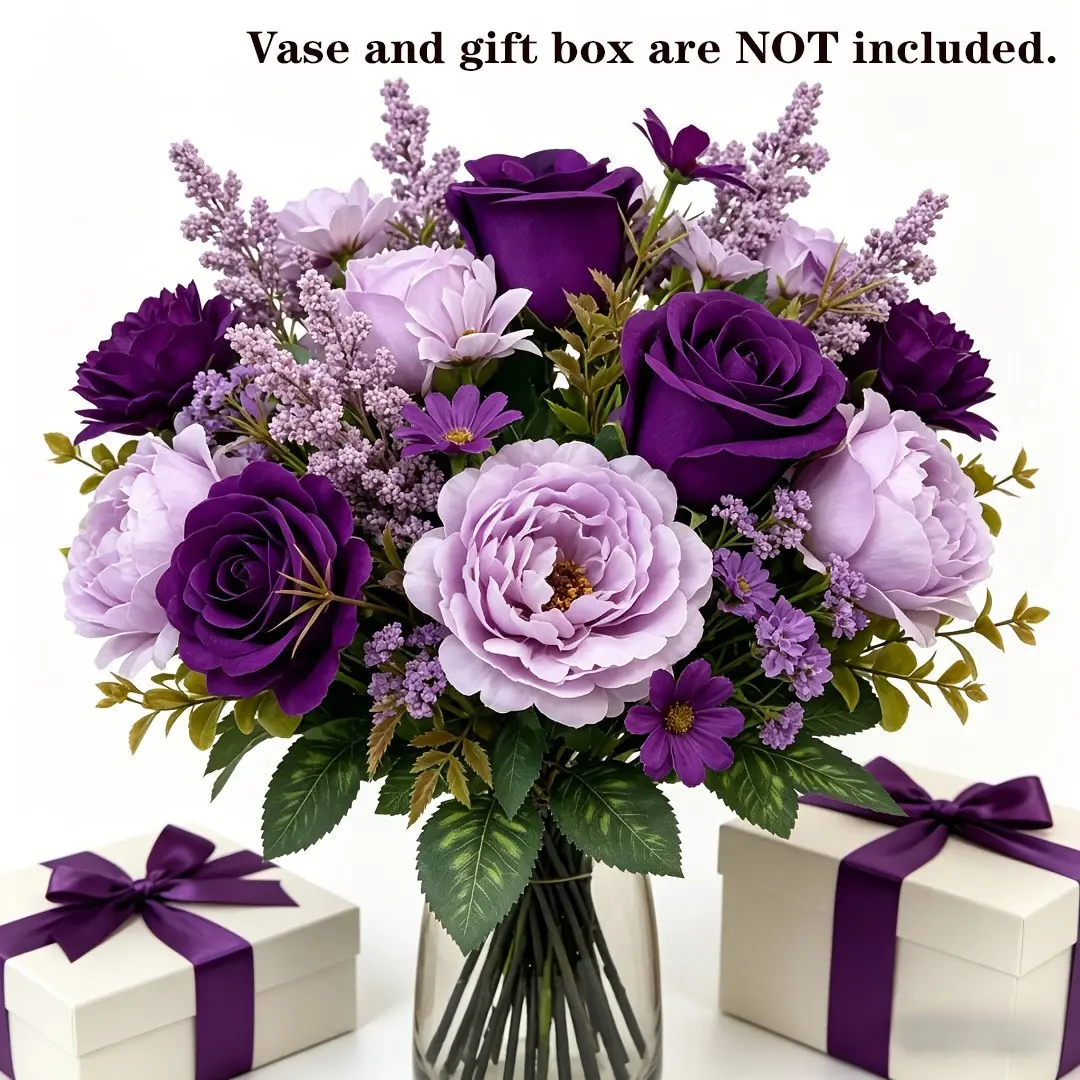 2 Bundles Artificial Silk Flowers, Fake Roses Daisies Chrysanthemums, Low Maintenance Decorative Bouquets for Home Office Party Wedding, Faux Floral Decor, Faux Lavender Flowers