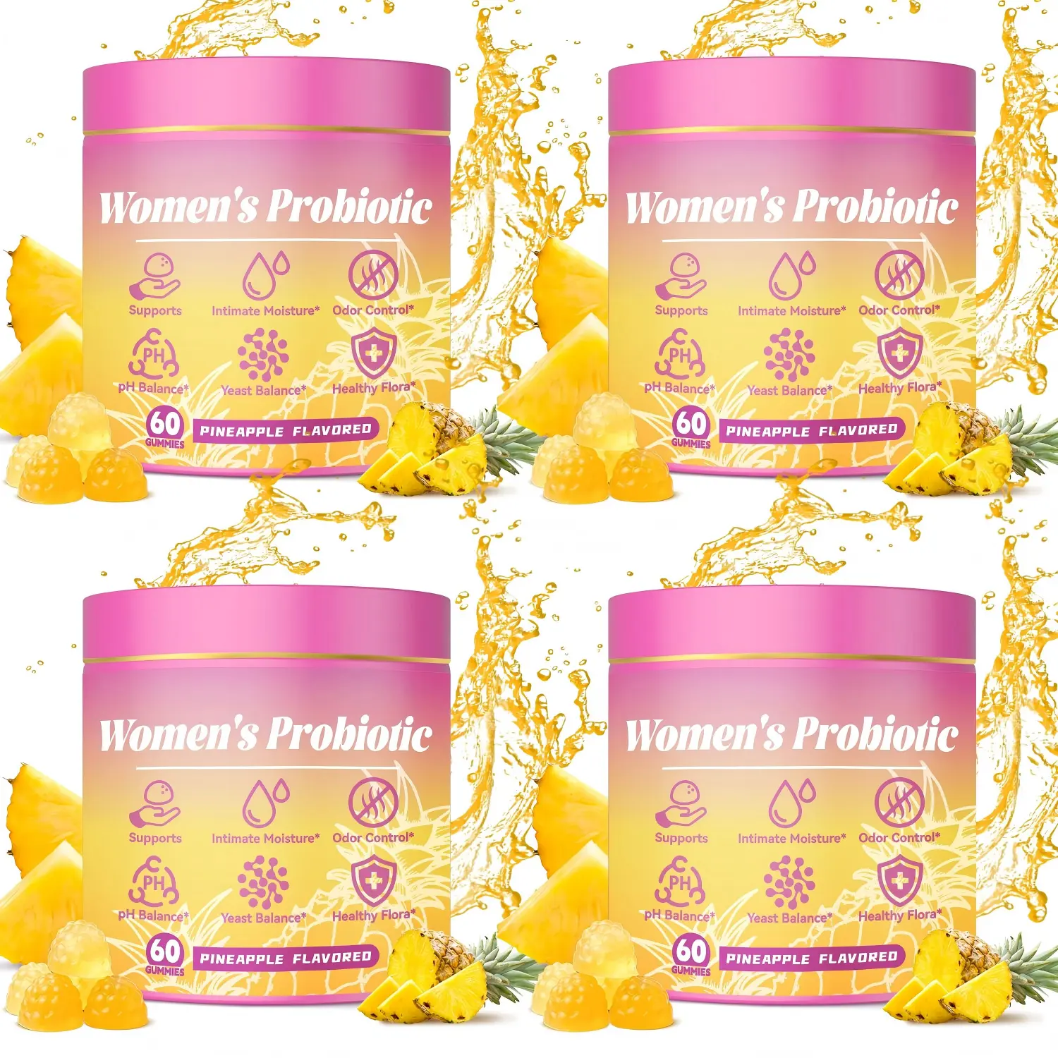 Women's Probiotics Gummies for pH Balance & Immune Support with Slippery Elm, Prebiotics & Lactobacillus, Vegan, Gluten-Free, Pineapple Flavor, 60 Gummies