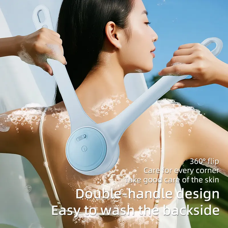 Back Scrubber Electric Body Brush for Shower, Auto Spinning Exfoliating Massage Bath Brush Rechargeable, Dual Long Handle, Deep Cleansing, Waterproof, Rotating Body Brushes with 5 Brush Heads
