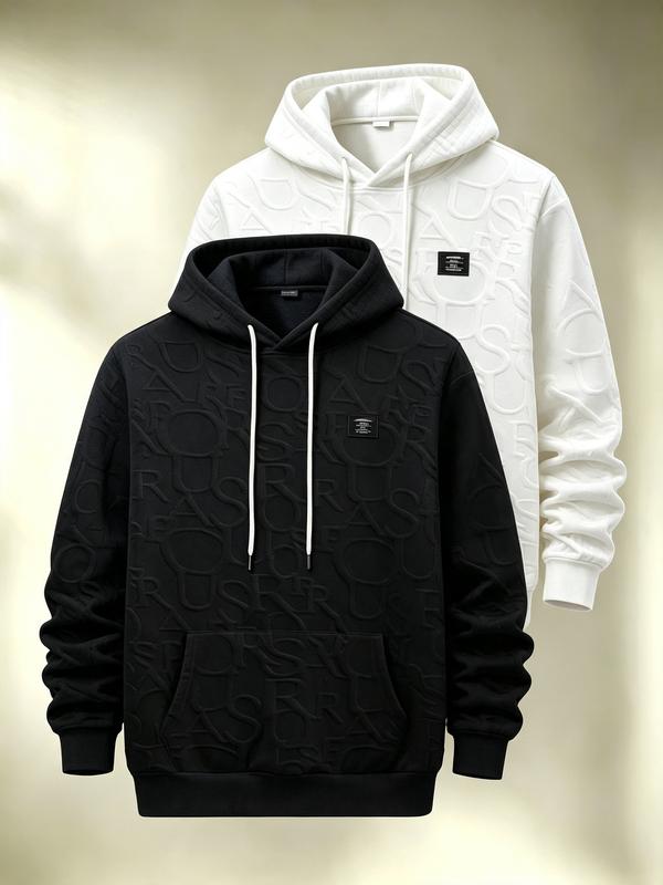 2‑Pack Men's White Embossed Hoodie, 3D Textured Pullover Sweatshirt, Streetwear Casual Fashion Top, Match Jeans & Joggers