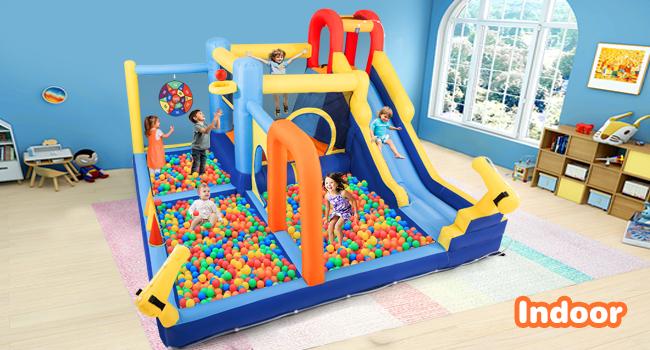 Inflatable Water Slide & Water Park Bounce House with Slide Bouncer Castle Playhouse Splash Pool Climbing Wall Trampoline Felt Ball Target Ring Toss Game for Kids Outdoor Fun 550W Air Blower