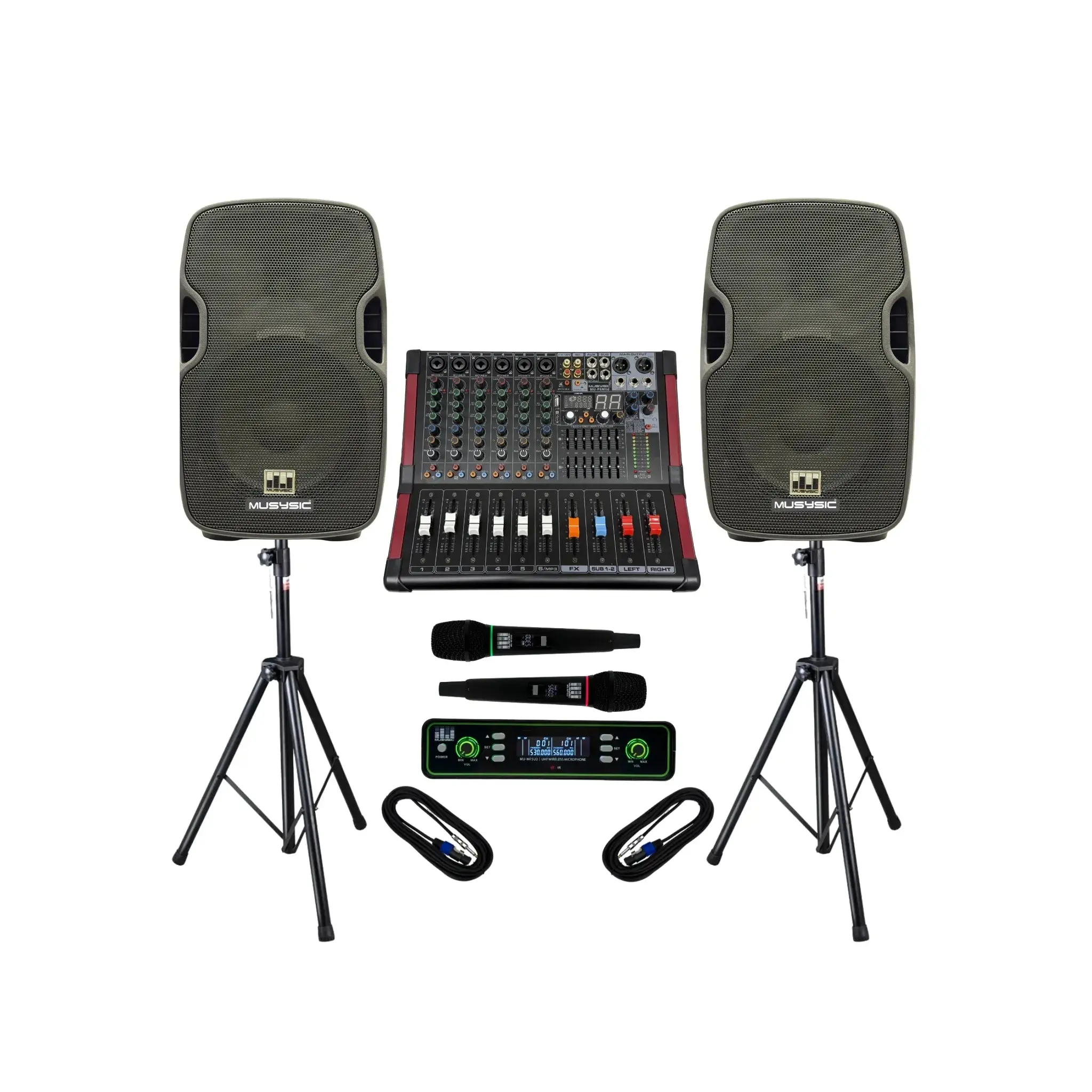 MUSYSIC MU‑PAS10 Complete PA System – Powered 6‑Channel Mixer, Dual 10" Speakers, Wireless Mics, Stands, and Cables