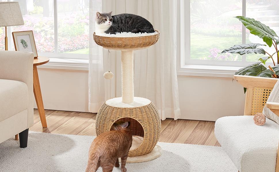 【On Sale】Yaheetech 54in Rattan Cat Tree Tower with Luxury Woven Condo, Clear Bowl, Washable Cushions, and Scratching Posts, Cat Furniture for Indoor Cats