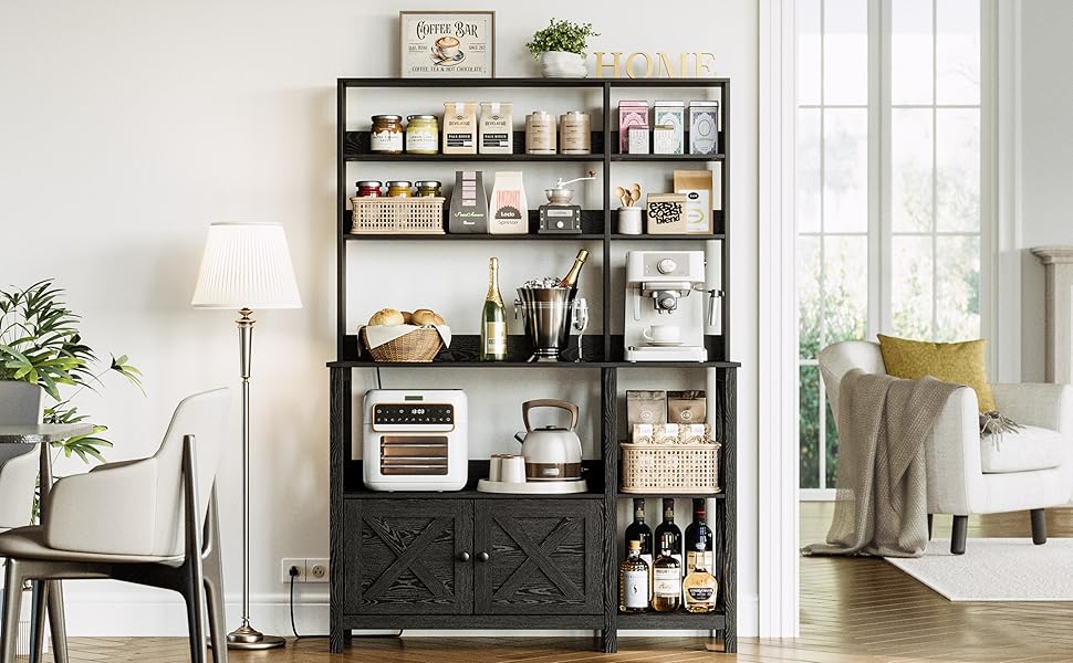 IRONCK Bakers Rack with Power Outlet, 45in Wide Coffee Bar Cabinet with Storage, 6-Tier Kitchen Storage with Doors, Microwave Stand for Kitchen, Dining Room