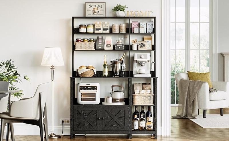 IRONCK Bakers Rack with Power Outlet, 45in Wide Coffee Bar Cabinet with Storage, 6-Tier Kitchen Storage with Doors, Microwave Stand for Kitchen, Dining Room