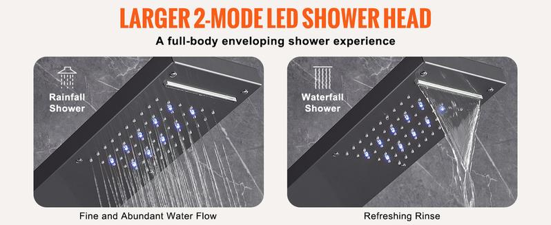 VEVOR Shower Panel System, TikTokShopBlackFriday, 6 Shower Modes, LED & Display Shower Panel Tower, Rainfall, Waterfall, 4 Body Massage Jets, Tub Spout, Handheld Shower Head 59" Hose, Stainless Steel Wall-Mounted Shower Set