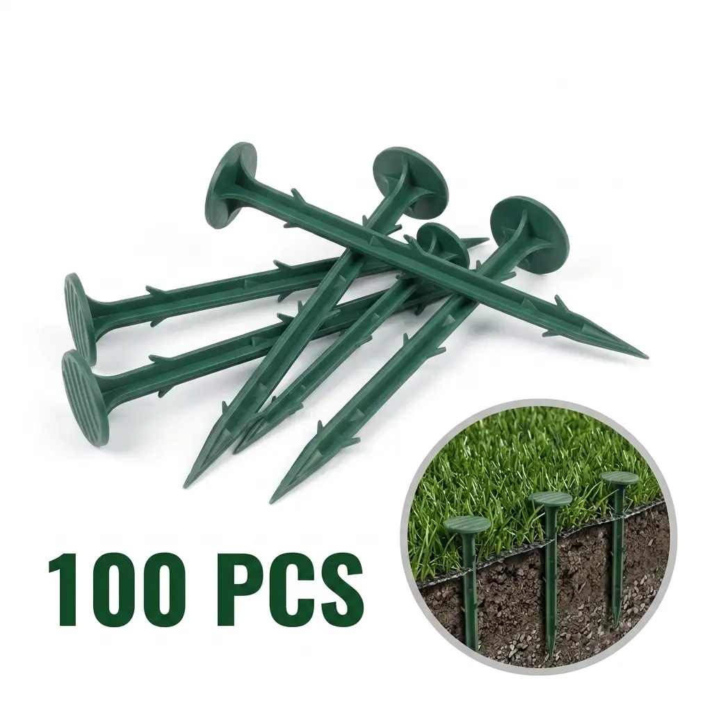 100-Pack Black Plastic Landscape Stakes, Heavy-Duty Weed Barrier Pins with Triple-Barb Non-Slip Design for Garden Fabric, Artificial Turf