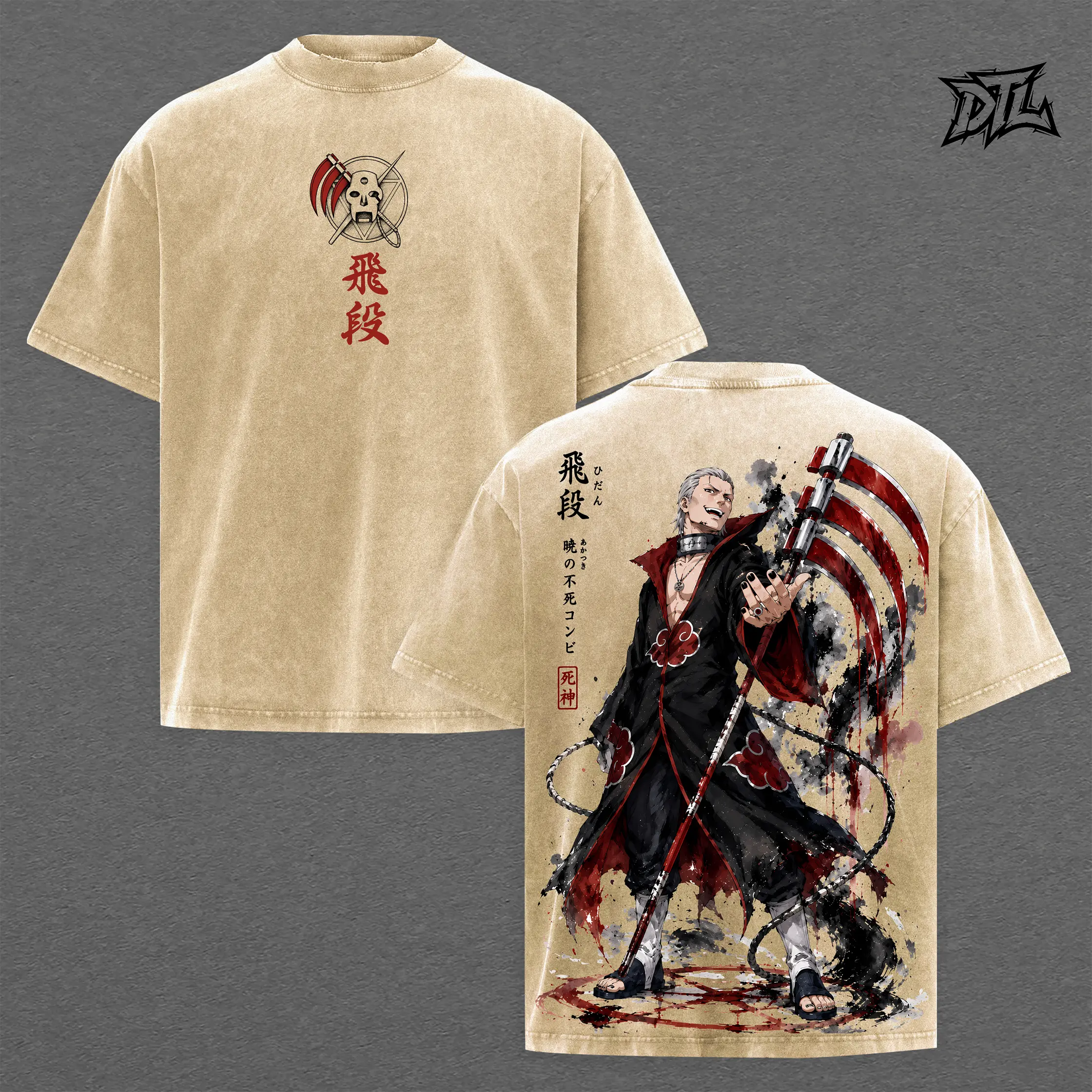 Naruto Hidan Acid Wash T-Shirt | Oversized Heavyweight Anime Tee Triple-Bladed Scythe Akatsuki Graphic Print Red Kanji Japanese Art Vintage Goth Grunge Streetwear Top Unisex