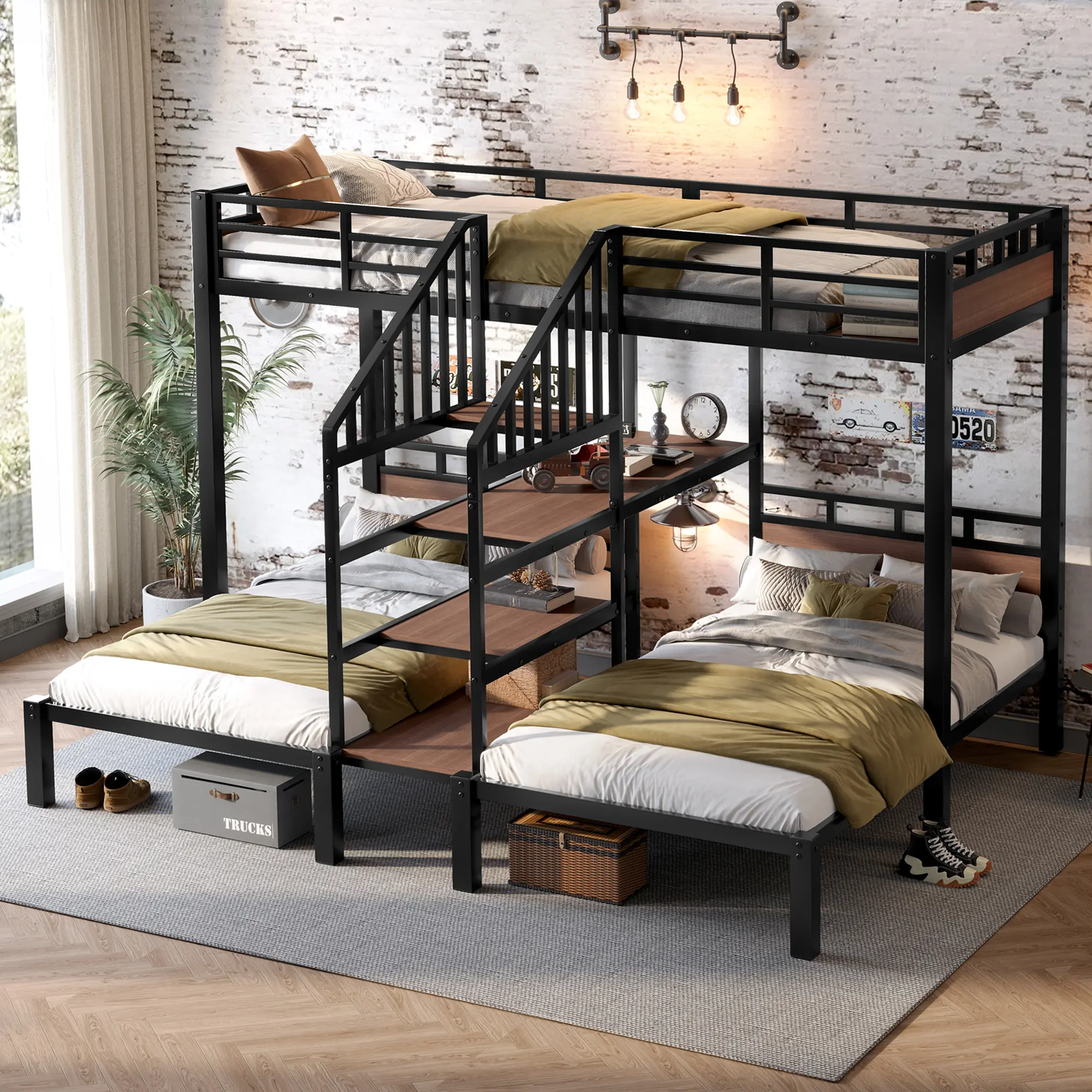 Bellemave Black Smooth Modern 3-Tier Metal Bunk Bed for 3 - Apartment Bedroom Furniture, 170.82 lbs, Multifunctional Frame with Storage Shelves, Storage Stairs, Mid Desk Shelf, Easy to Assemble (Shipped in 2 Separate Parcels)