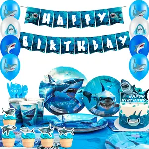Shark Party Supplies,111 Pcs Shark Birthday Party Decorations & Shark Party Tableware Set - Shark Plates and Napkins Tablecloths & Shark Balloons Banner Shark Cake Toppers etc Shark Party Decorations