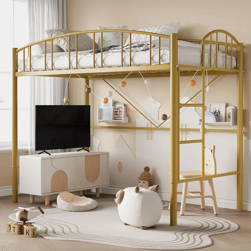 GARVEE Twin Metal Loft Bed - Heavy-Duty Metal Frame, Arched Rail, Safety Ladder, Space-Saver Furniture, No Box Spring Needed, Gold Loft Bed,sohochic