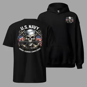 U.S. Navy T Shirt Hoodie, 2 Sides, Honor Courage Commitment Graphic Tee, Soft Cotton Blend Apparel, Patriotic Navy Clothing for Men & Women, Military Pride Gift