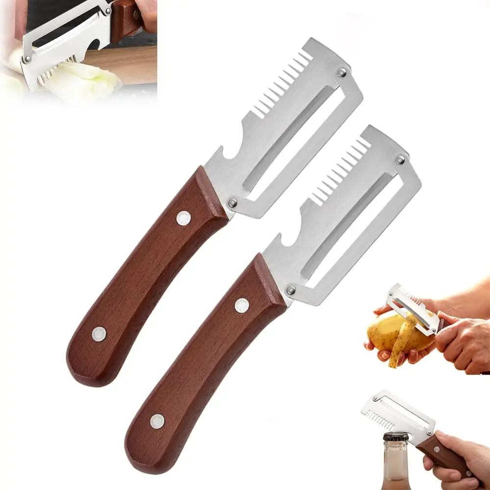 2-Piece Multi-Functional Kitchen Peeler Set - Ultra-Sharp Stainless Steel Blade, Wooden Handle, Bottle Opener - Ideal for Home Cooking, Fruit & Veg Ready, Pineapple Peeler, Pumpkin Peel Easy - Fathers Day Gift