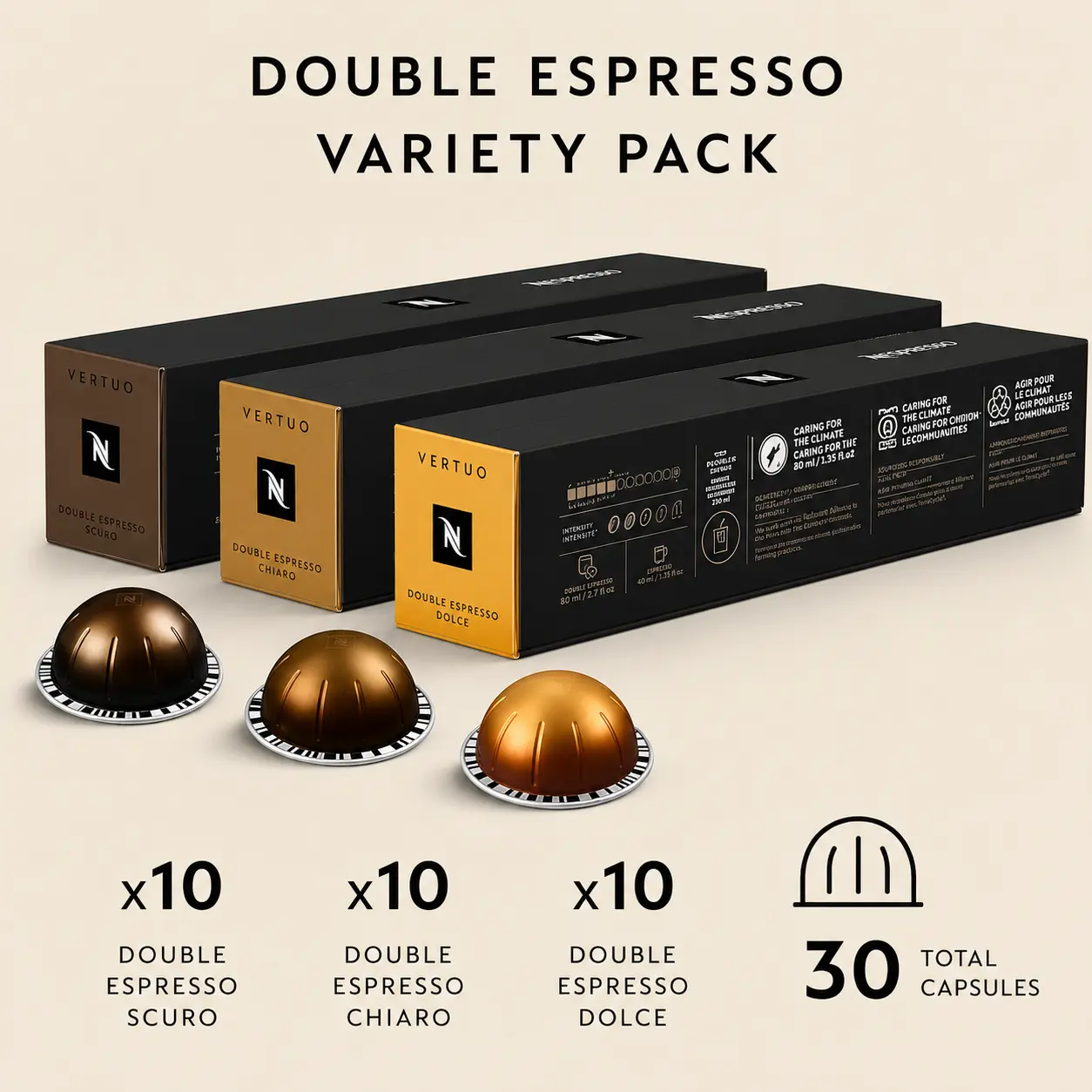 Vertuo Coffee Capsules, 30-Count Dark Roast Double Espresso Variety Pack with Cocoa & Caramel Flavors, 2.7oz Servings Brew Pods (Pack of 1) with Recyclable Packaging