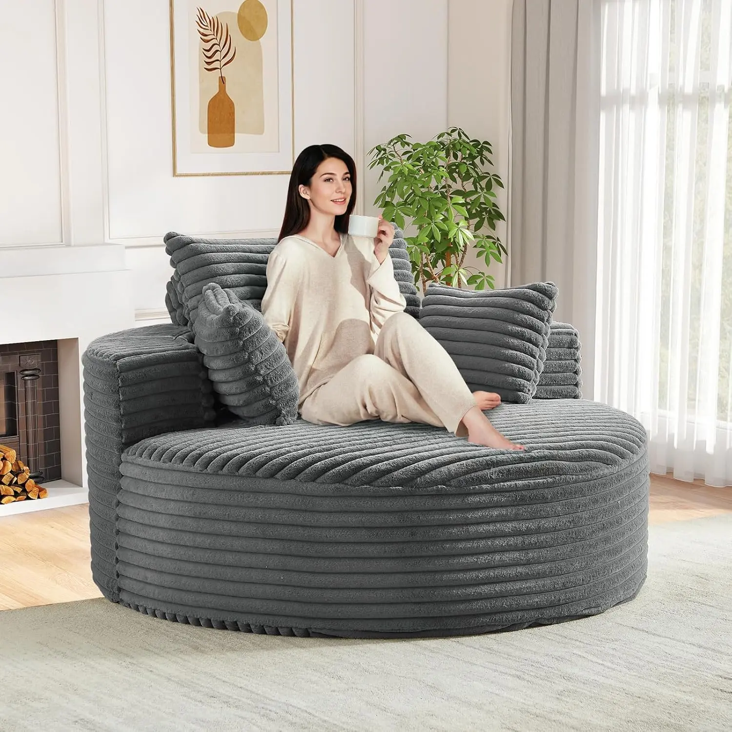 55''Oversized Round Chair Lounge Chaise Indoor Corduroy Sponge single sofa, No Assembly Required,Fluffy Modern Sleeper Chair for Living room, Bedroom, Lounge and Projection Room(Not a swivel chair.)