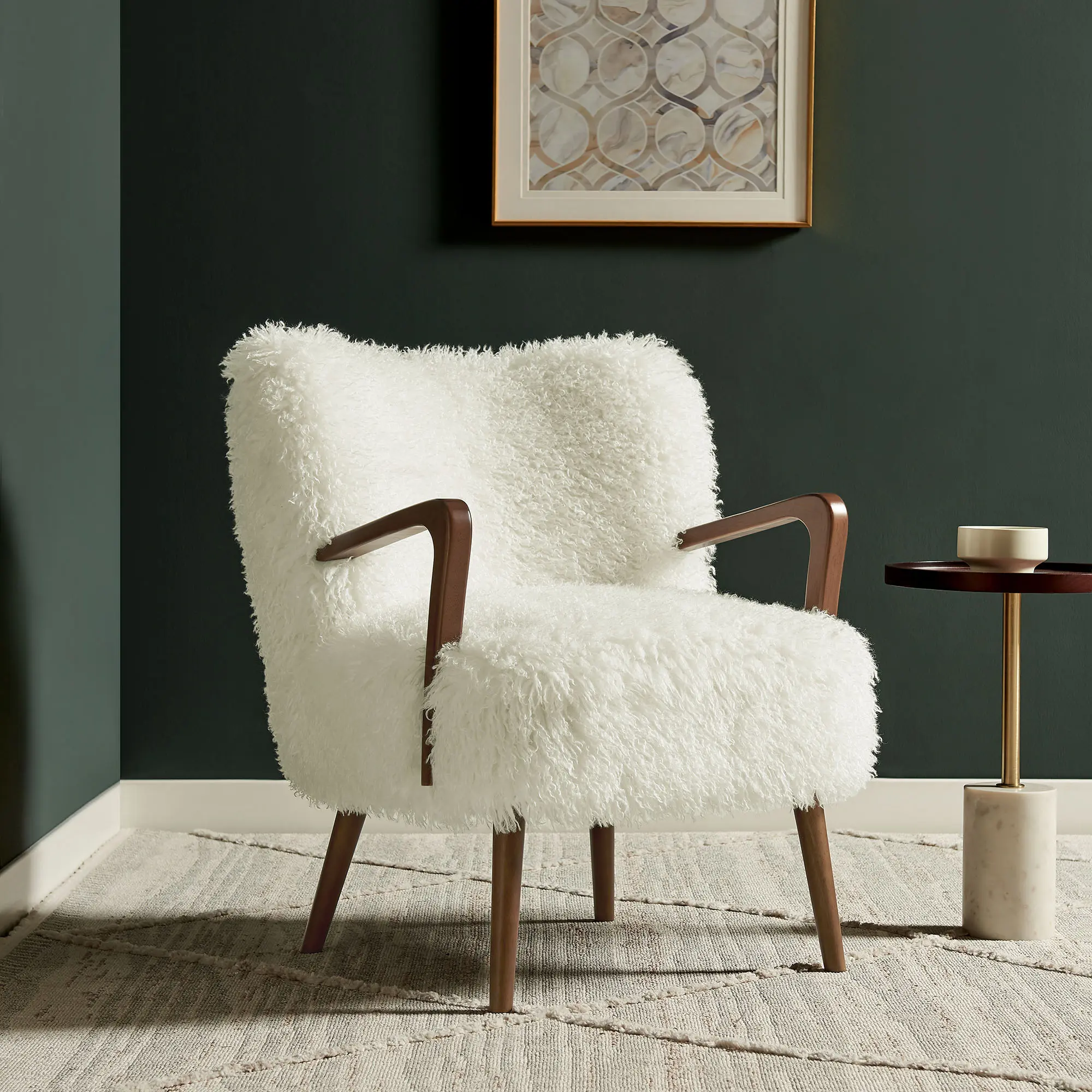 Zerra Chic Faux Shearling Shaggy Accent Corner Armchair, White, Assembly Required