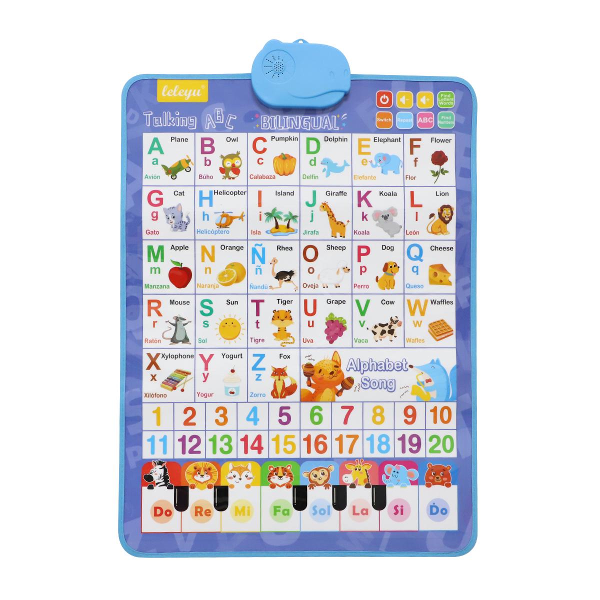 English Spanish Bilingual Talking Wall Chart for Kids 1-6, ABCs Numbers Animals, Songs & Piano, Interactive Learning Poster, Battery Powered，Valentines Day Gifts for Kids