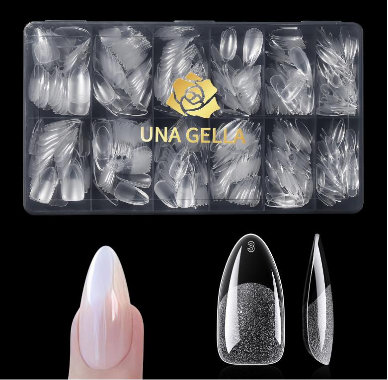 UNA GELLA Almond Gel Nail Tips 600 Pcs Pre Etched Medium Almond Shaped Nails Full Cover Press On Nails 12 Sizes Clear Fake Soft Gel Tips for Flat & Curved Nail Bed Extension Home DIY Salon