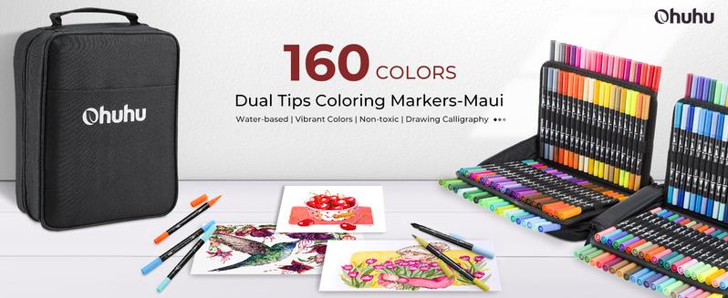 Ohuhu Maui 160-color Brush Pens Dual Brush Fine Tip Drawing Pens Water-Based Coloring Markers for Calligraphy Bullet Journal with Carrying Case -Maui