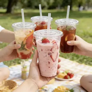 Clear Crystal 24 oz Disposable Plastic Cups with Lids 100 Cups & 100 Flat Lids for Smoothies Sodas Party Supplies Restaurant Quality