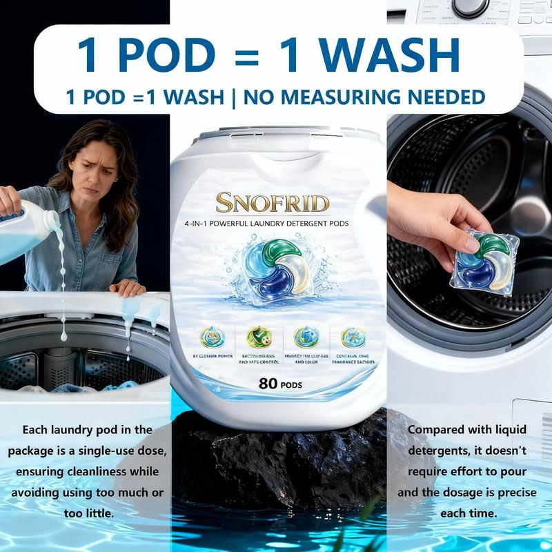 Snofrid 4-IN-1 POWERFUL LAUNDRY DETERGENT PODS,80 pods per tub, Long-Lasting Fragrance, Portable Laundry Detergent Beads for Home & Travel