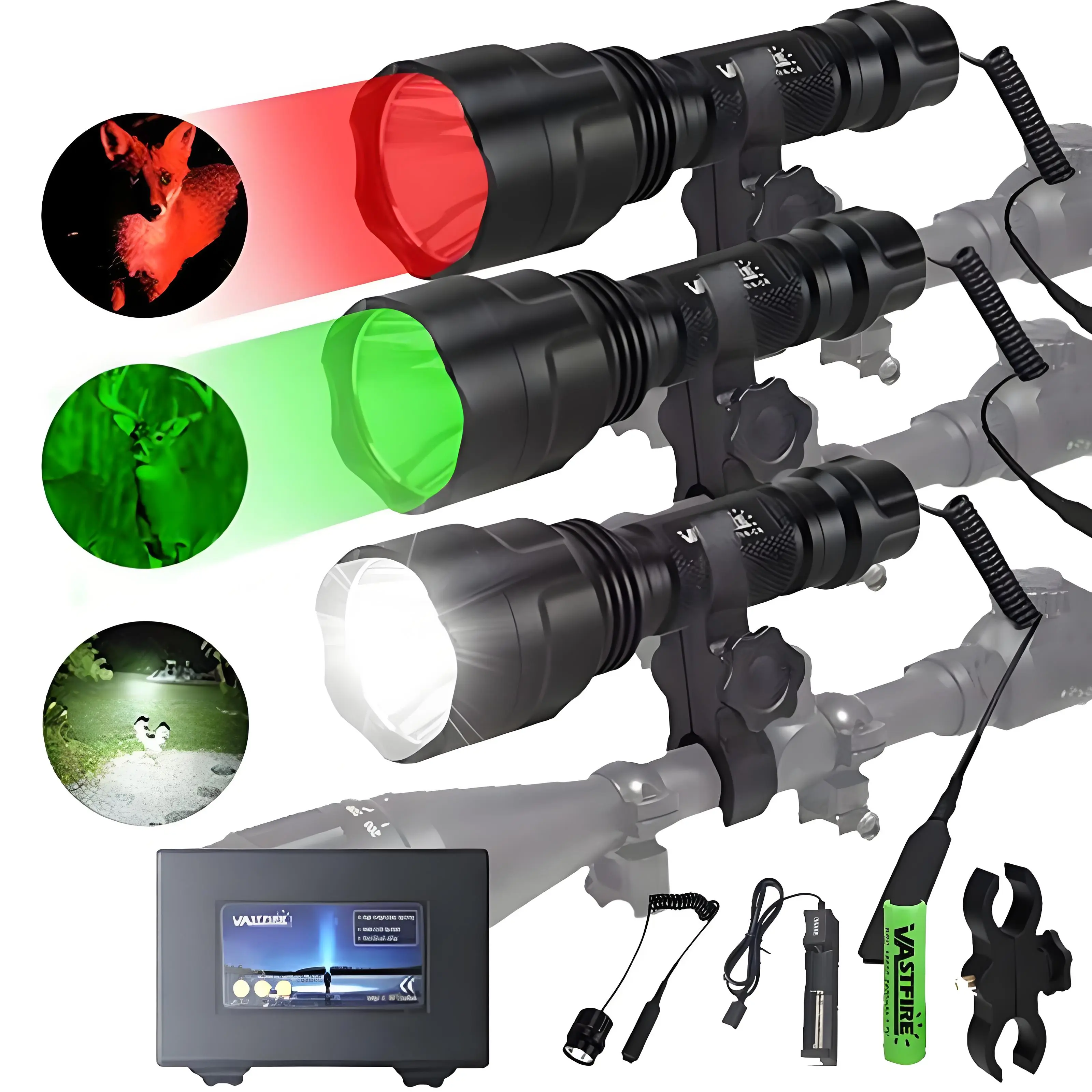 High Power 350yd Rechargeable Aluminium Outdoor LED Flashlight - Compact Waterproof Long Range Handheld Spotlight w/ Pressure Switch (Red/White/Green), For Hunting, W/ Gift Box